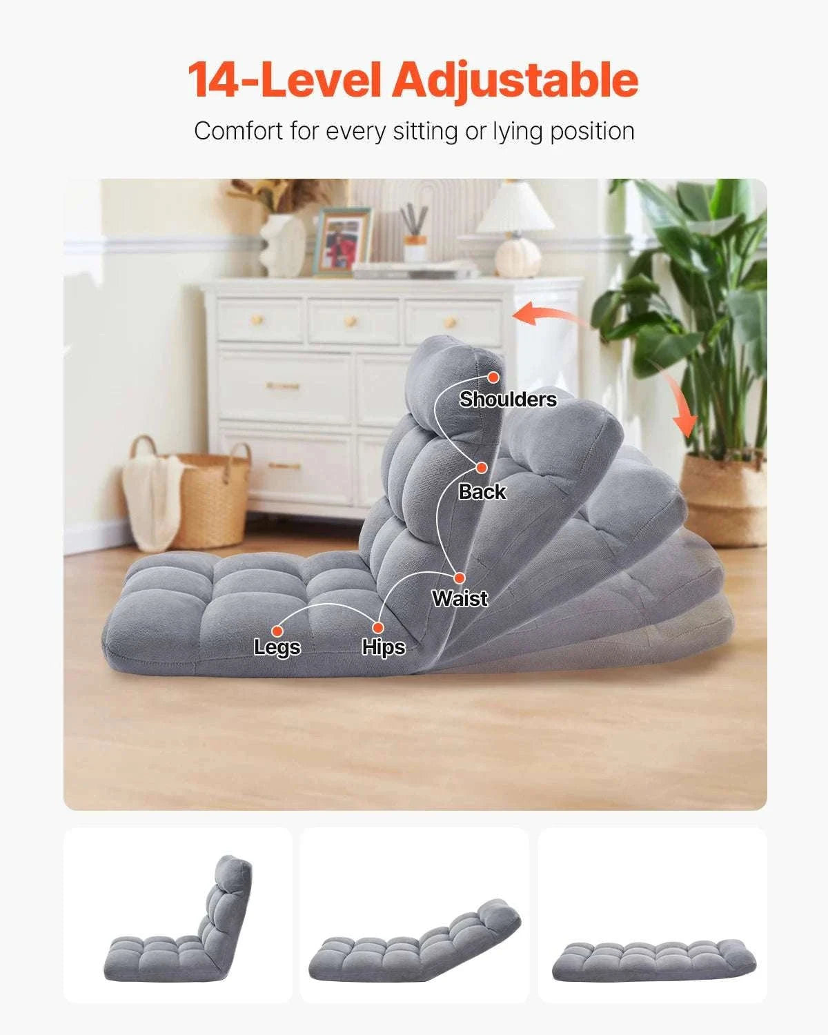 Adjustable Floor Chair with Back Support, Foldable Foam Sofa-