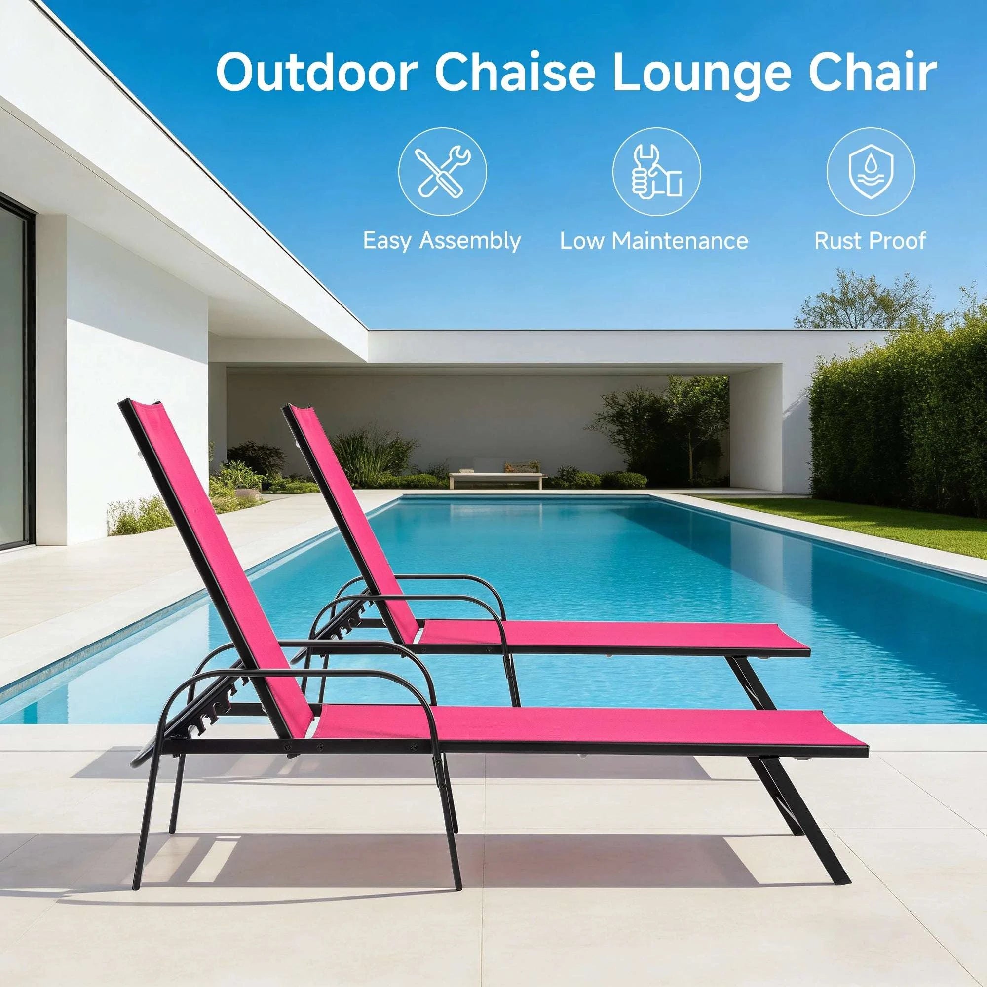 Adjustable Folding Beach Lounge Chair with 5 Positions and Armrests-Red / United States
