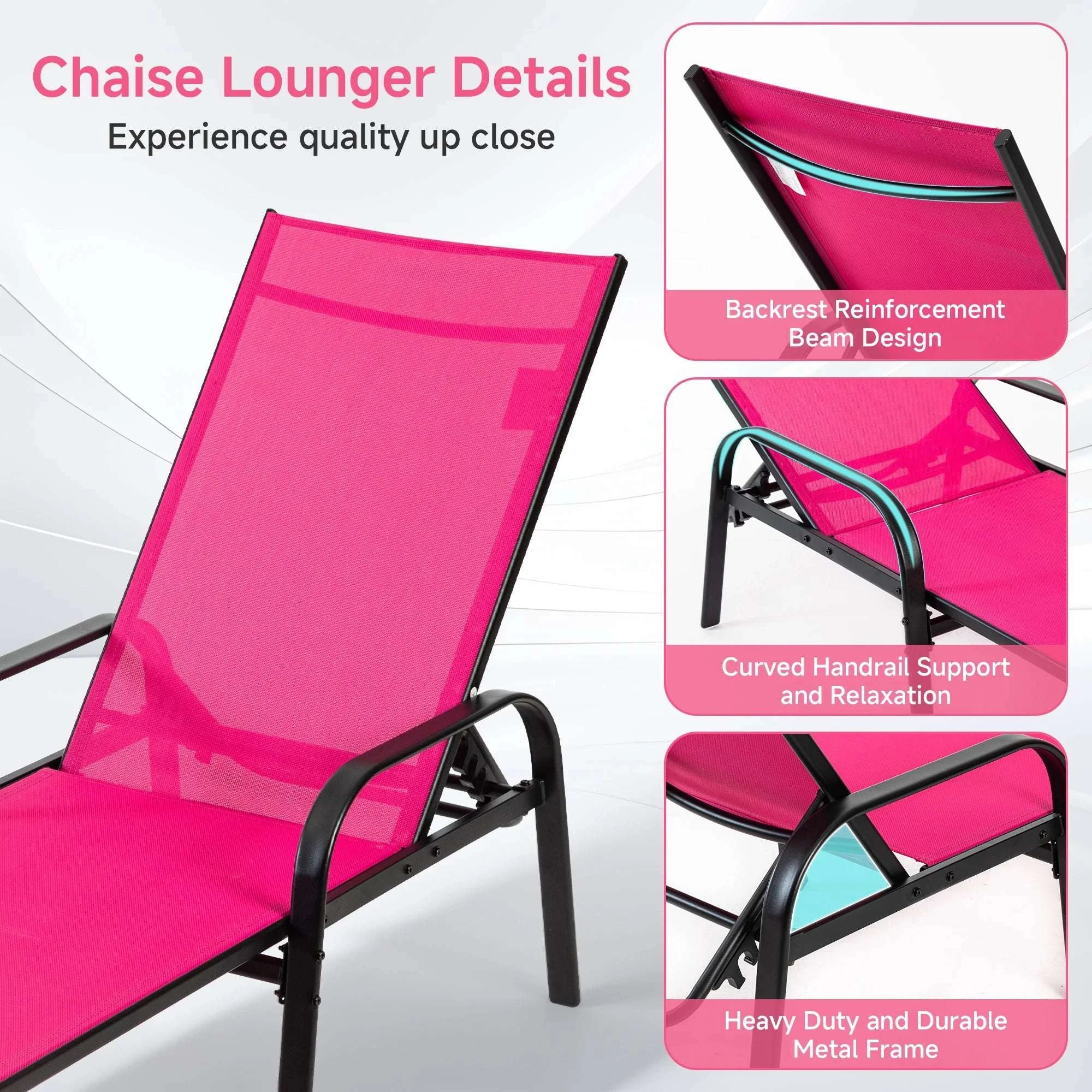 Adjustable Folding Beach Lounge Chair with 5 Positions and Armrests-Red / United States