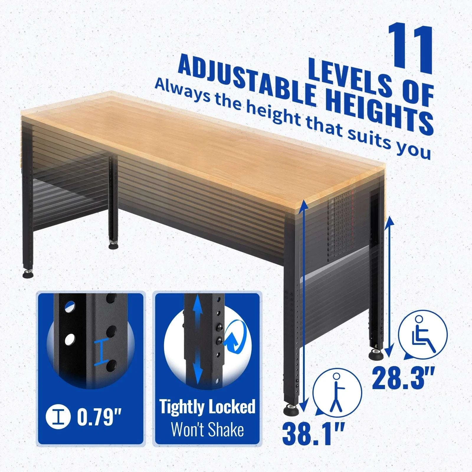 Adjustable Garage Workbench 2000 lbs Hardwood Top Work Table-United States / 48 x 20 in No Wheel
