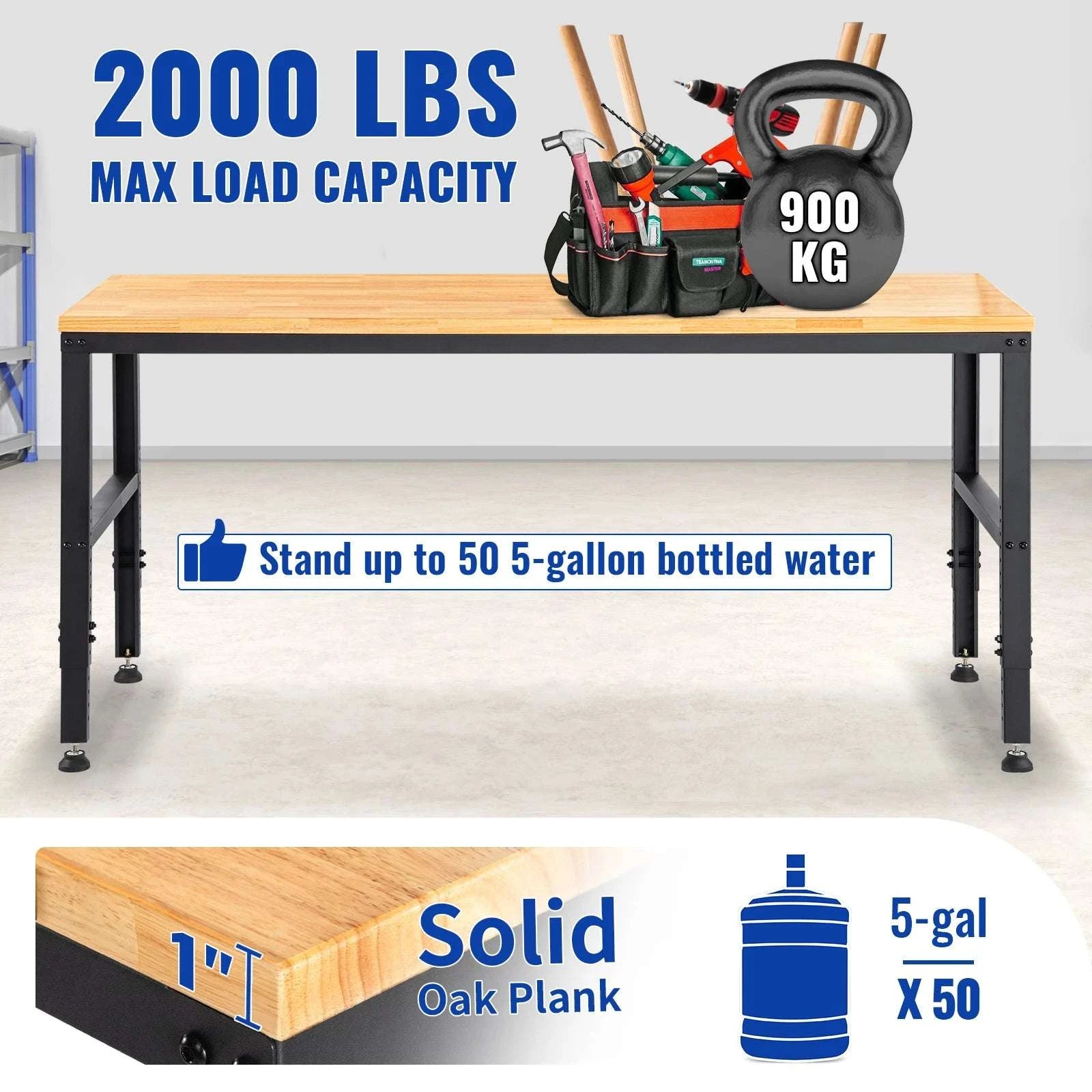 Adjustable Garage Workbench 2000 lbs Hardwood Top Work Table-United States / 48 x 20 in No Wheel