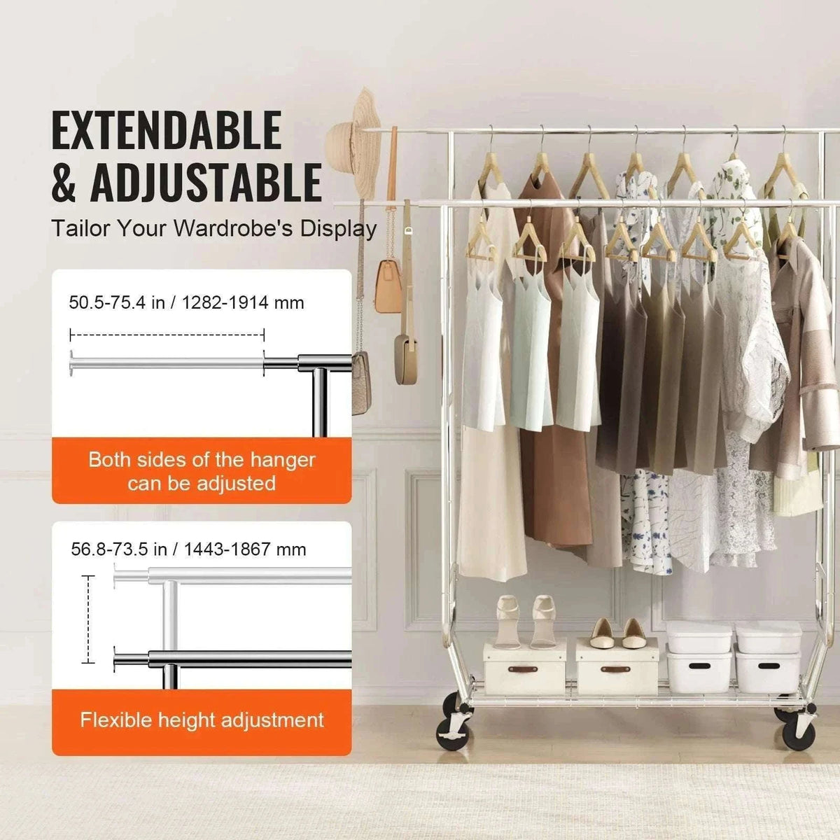 Adjustable Heavy Duty Garment Rack with Wheels & Storage Shelf-2 rods 75.4x73.5in / CZECH REPUBLIC