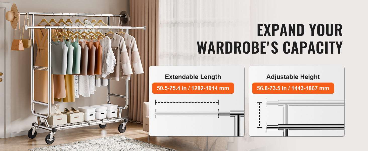 Adjustable Heavy Duty Garment Rack with Wheels & Storage Shelf-2 rods 75.4x73.5in / CZECH REPUBLIC
