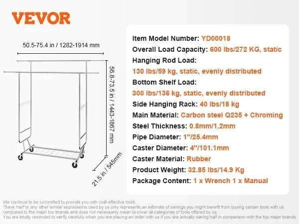 Adjustable Heavy Duty Garment Rack with Wheels & Storage Shelf-2 rods 75.4x73.5in / CZECH REPUBLIC