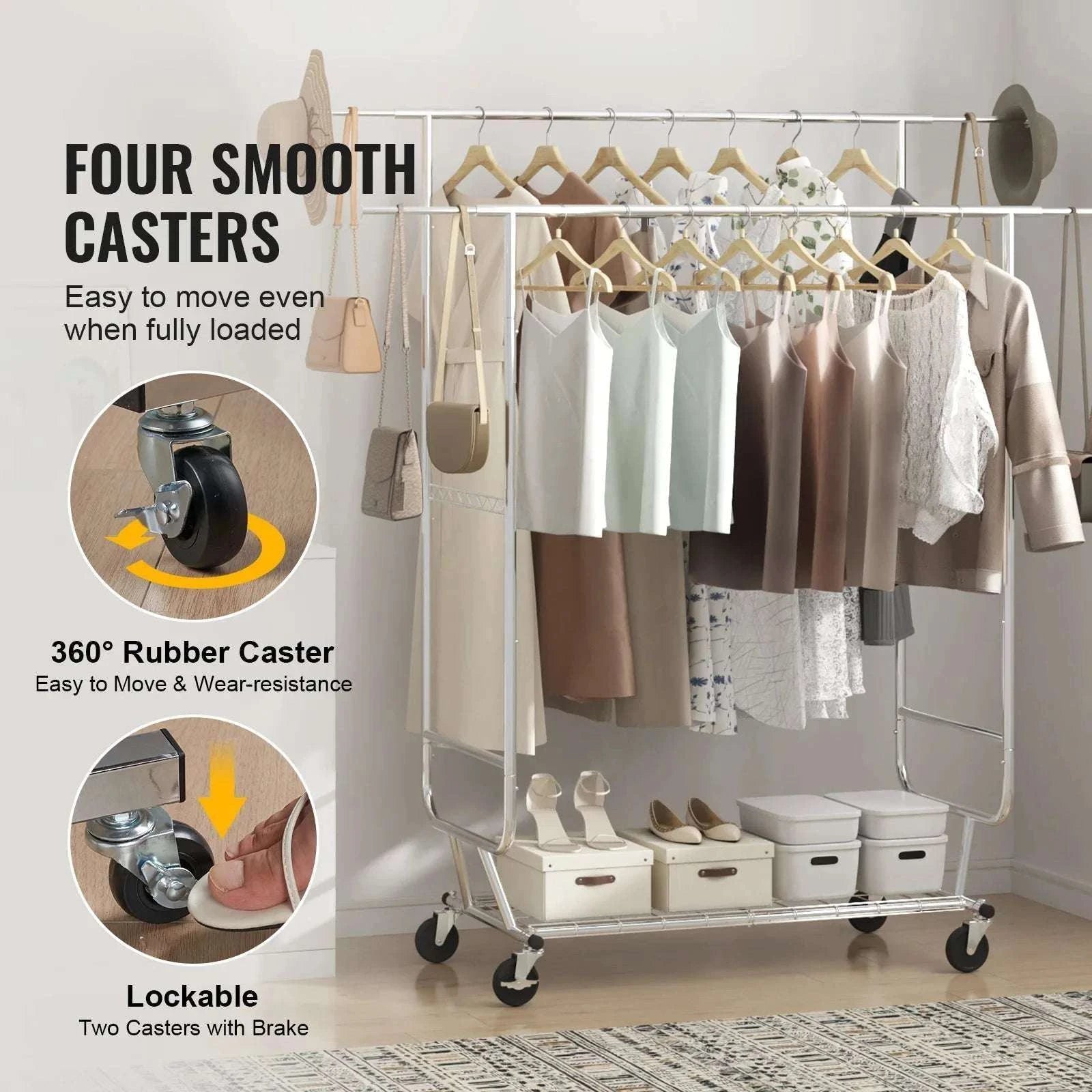 Adjustable Heavy Duty Garment Rack with Wheels & Storage Shelf-2 rods 75.4x73.5in / CZECH REPUBLIC