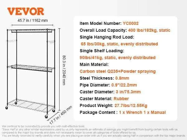 Adjustable Heavy Duty Garment Rack with Wheels & Storage Shelf-2 rods 75.4x73.5in / CZECH REPUBLIC