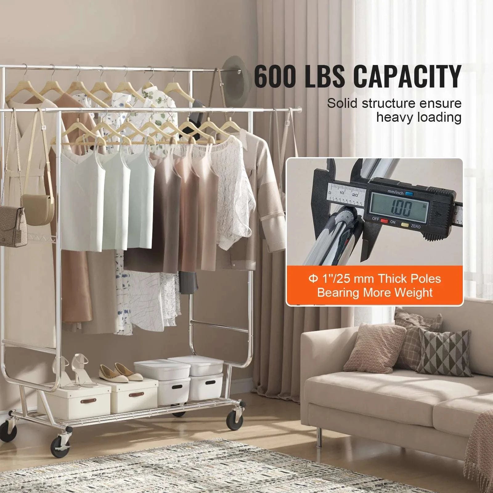 Adjustable Heavy Duty Garment Rack with Wheels & Storage Shelf-2 rods 75.4x73.5in / CZECH REPUBLIC