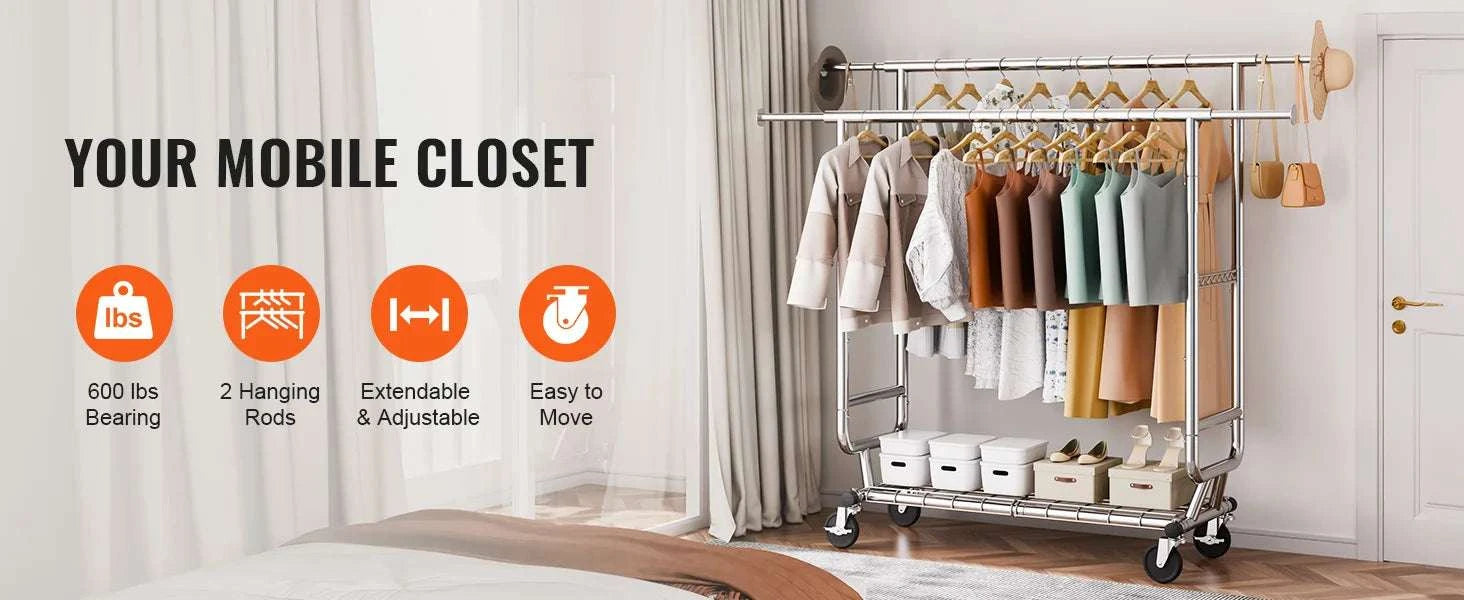 Adjustable Heavy Duty Garment Rack with Wheels & Storage Shelf-2 rods 75.4x73.5in / CZECH REPUBLIC