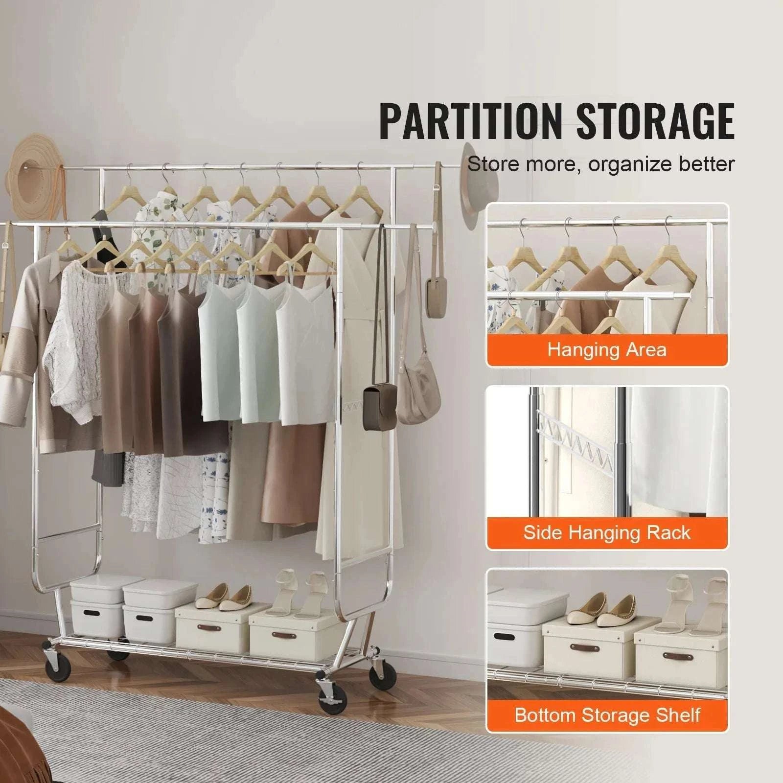 Adjustable Heavy Duty Garment Rack with Wheels & Storage Shelf-2 rods 75.4x73.5in / CZECH REPUBLIC