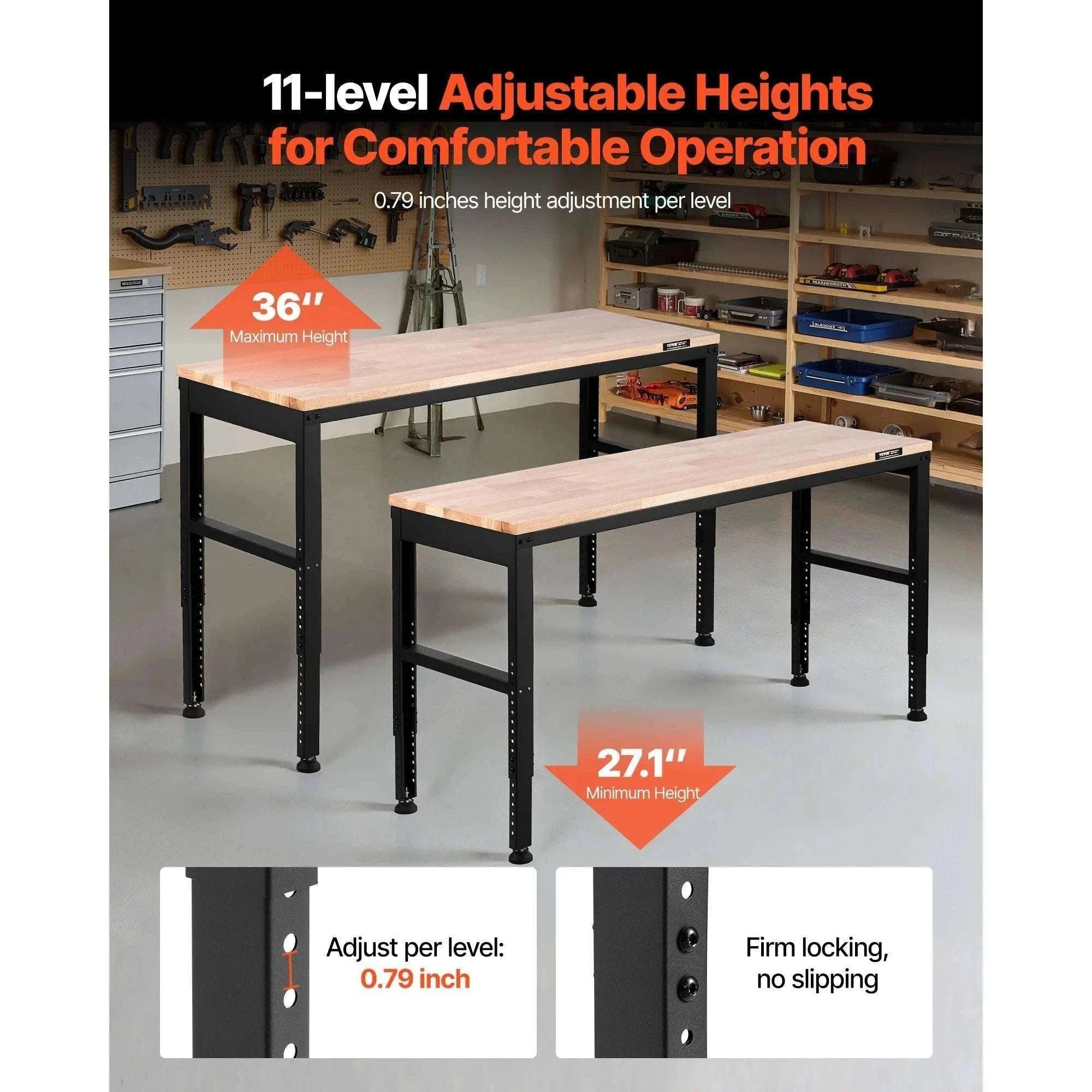 Adjustable Heavy-Duty Workbench with Power Outlets and Hardwood Top-61x20in / United States