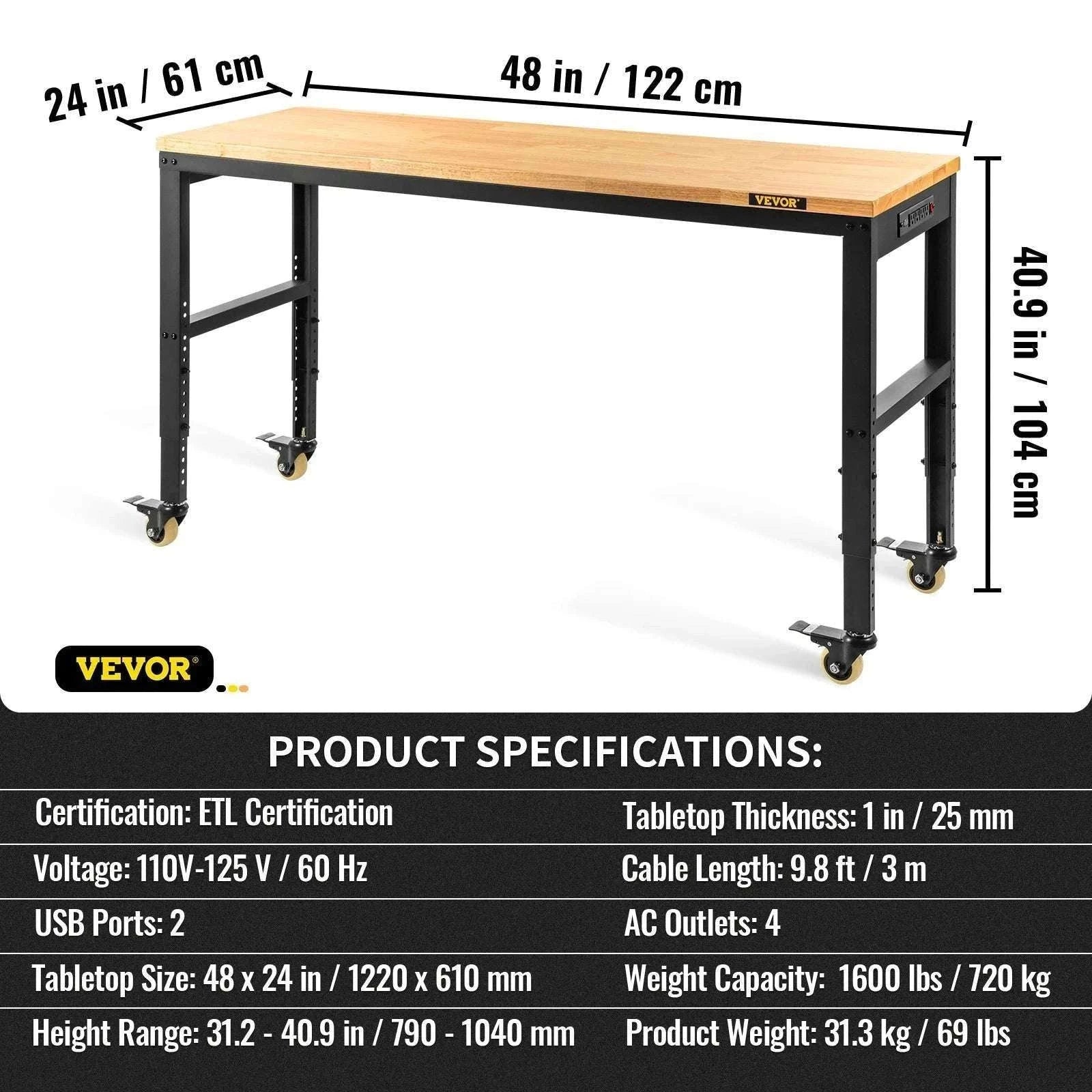 Adjustable Heavy-Duty Workbench with Power Outlets and Hardwood Top-61x20in / United States