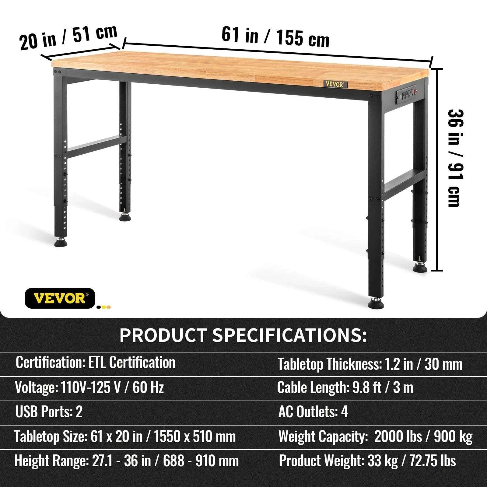 Adjustable Heavy-Duty Workbench with Power Outlets and Hardwood Top-61x20in / United States