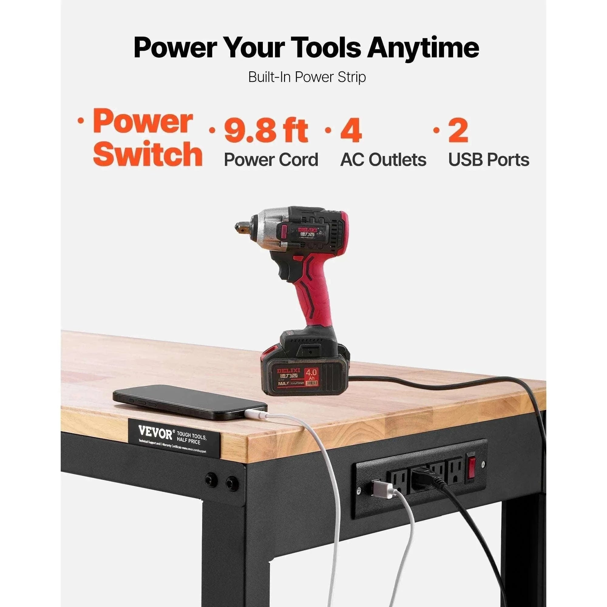 Adjustable Heavy-Duty Workbench with Power Outlets and Hardwood Top-61x20in / United States