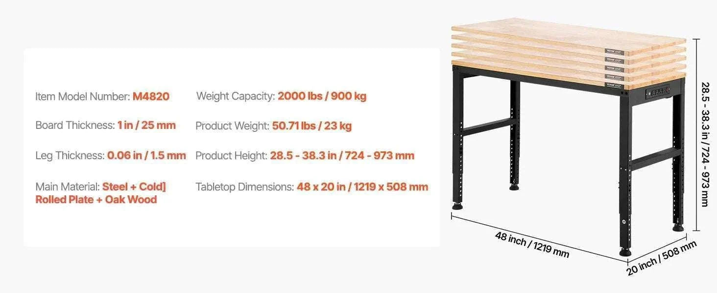 Adjustable Heavy-Duty Workbench with Power Outlets and Hardwood Top-61x20in / United States