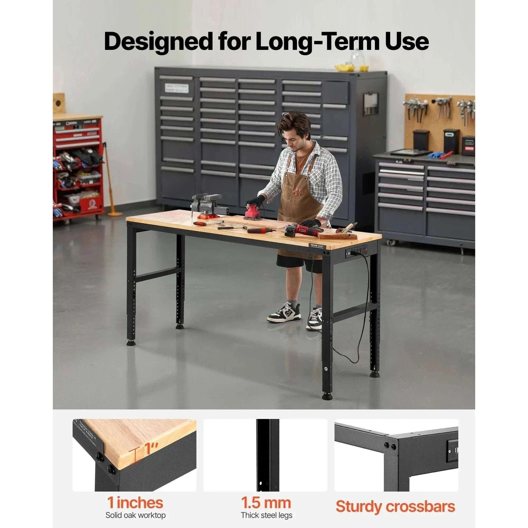 Adjustable Heavy-Duty Workbench with Power Outlets and Hardwood Top-61x20in / United States