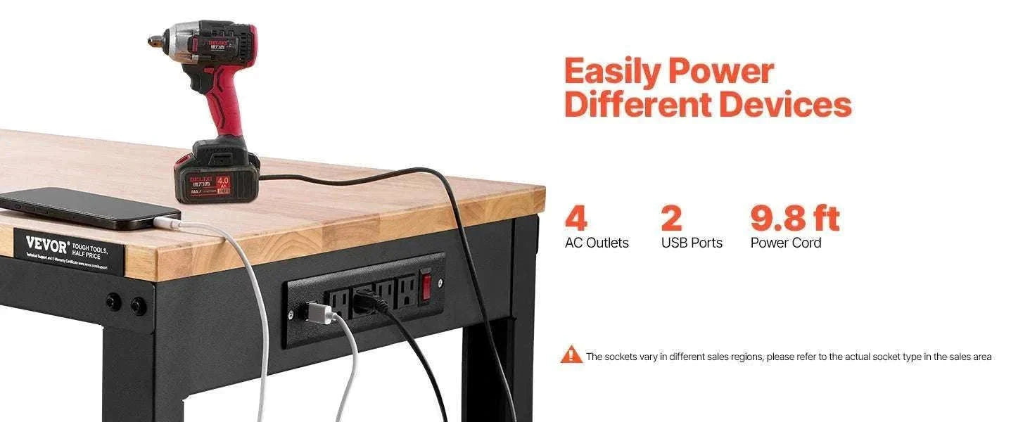 Adjustable Heavy-Duty Workbench with Power Outlets and Hardwood Top-61x20in / United States
