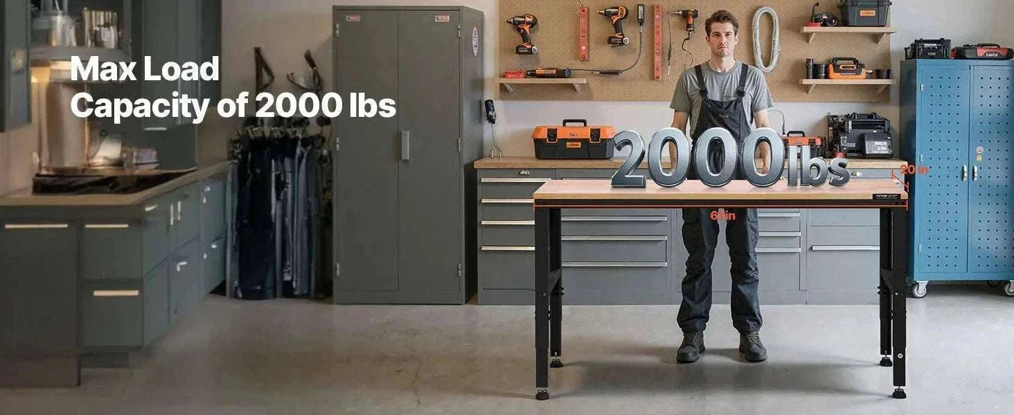 Adjustable Heavy-Duty Workbench with Power Outlets and Hardwood Top-61x20in / United States