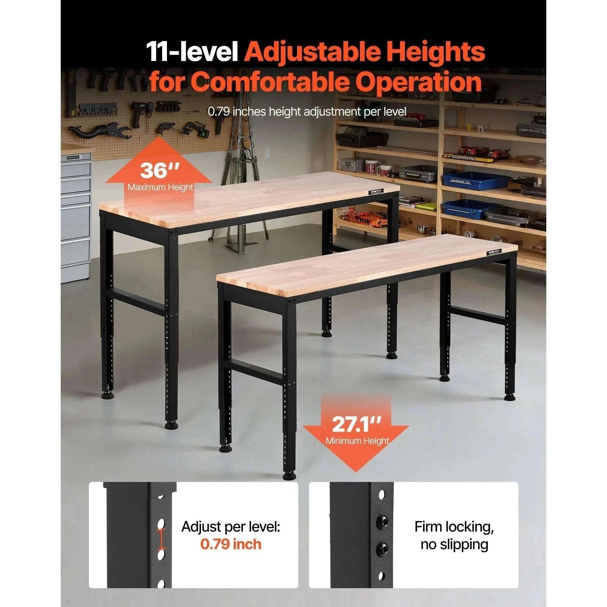 Adjustable Heavy-Duty Workbench with Power Outlets and Hardwood Top-61x20in / United States