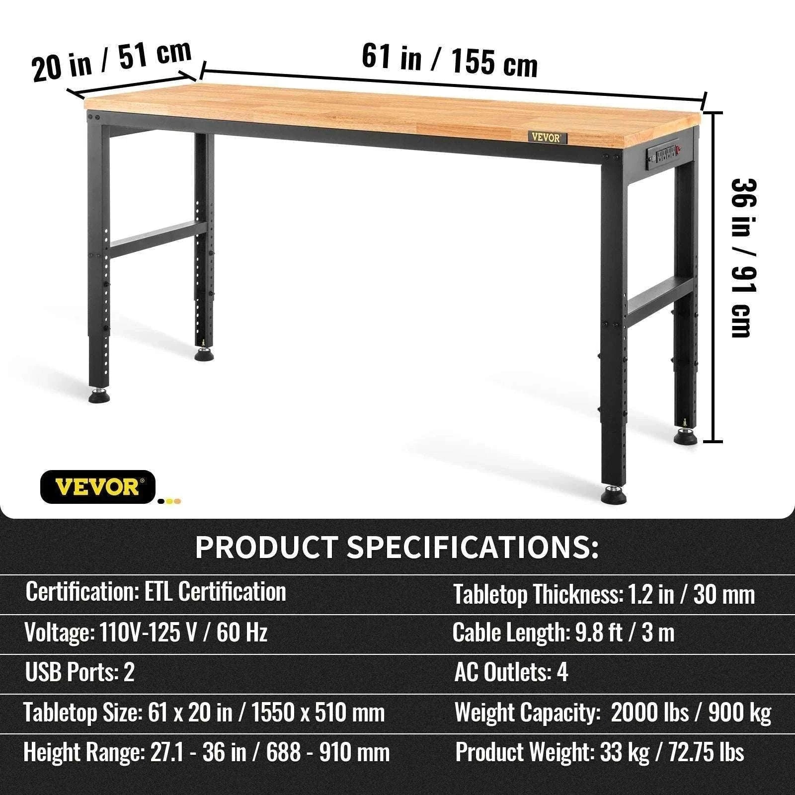 Adjustable Heavy-Duty Workbench with Power Outlets and Hardwood Top-61x20in / United States