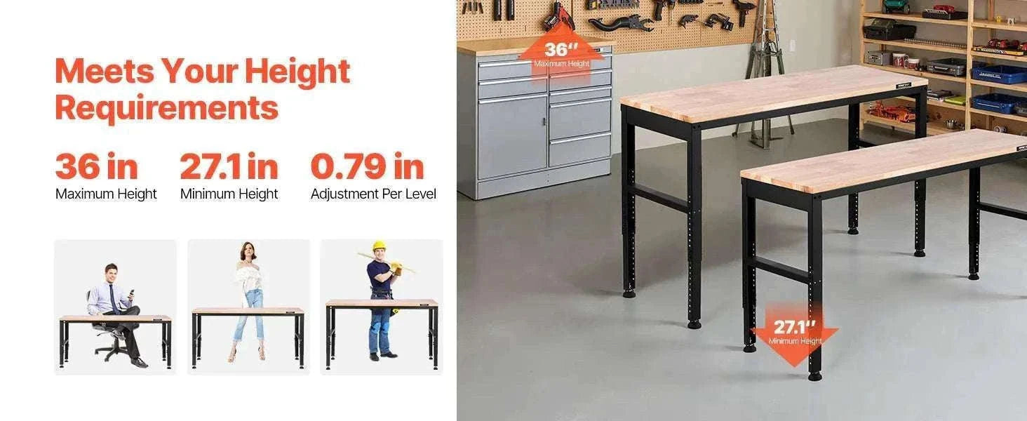 Adjustable Heavy-Duty Workbench with Power Outlets and Hardwood Top-61x20in / United States
