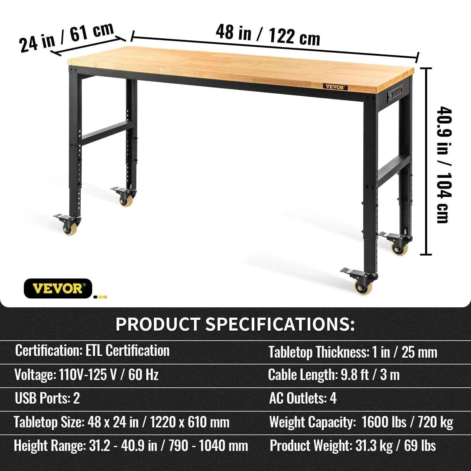 Adjustable Heavy-Duty Workbench with Power Outlets and Hardwood Top-61x20in / United States