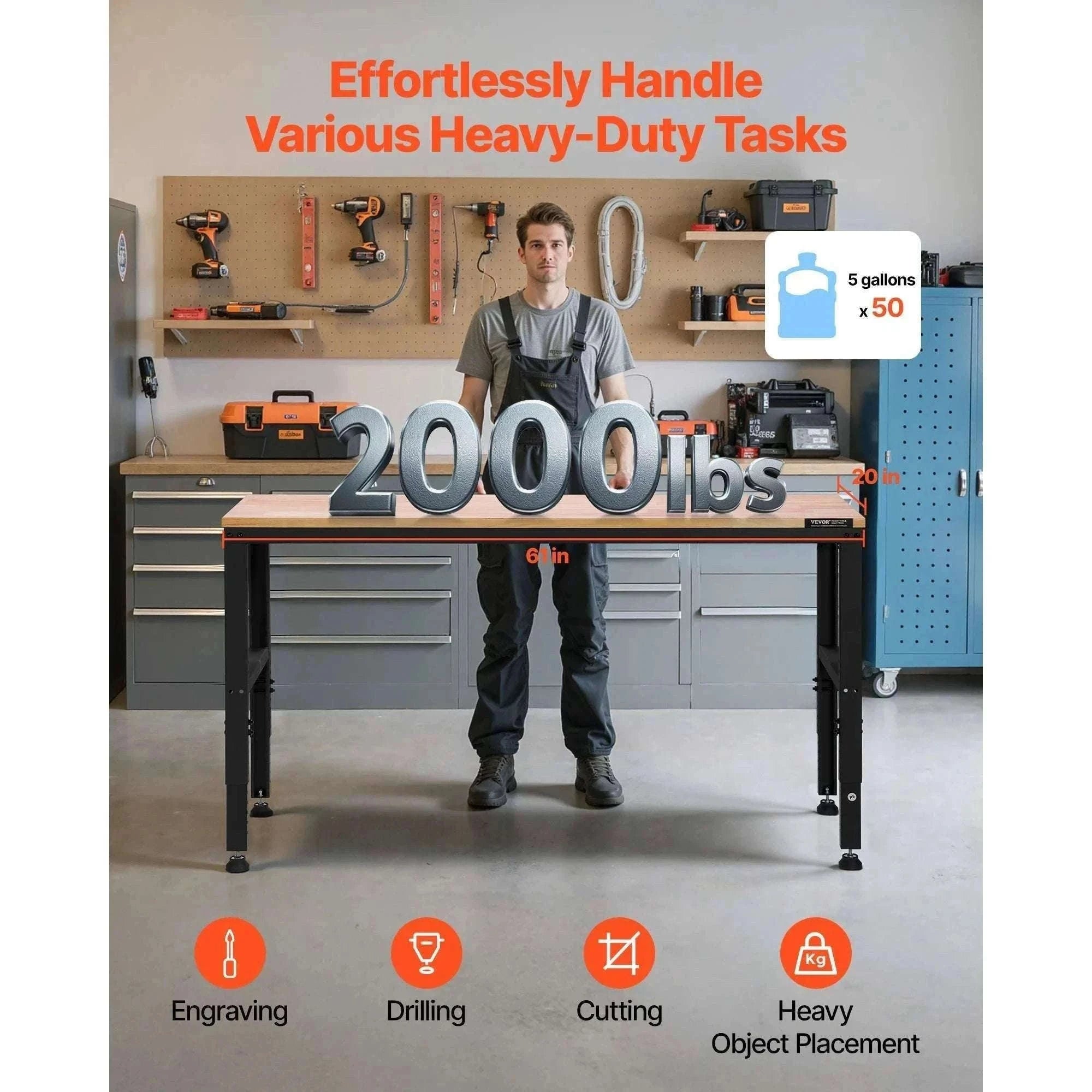 Adjustable Heavy-Duty Workbench with Power Outlets and Hardwood Top-61x20in / United States