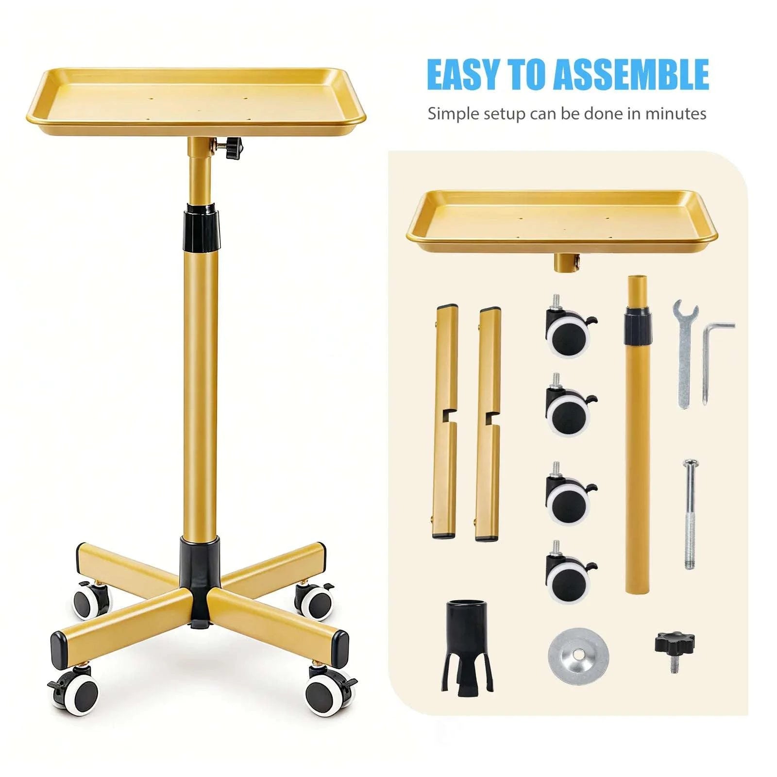 Adjustable Height Salon Cart with Large Aluminum Tray & Wheels-United States