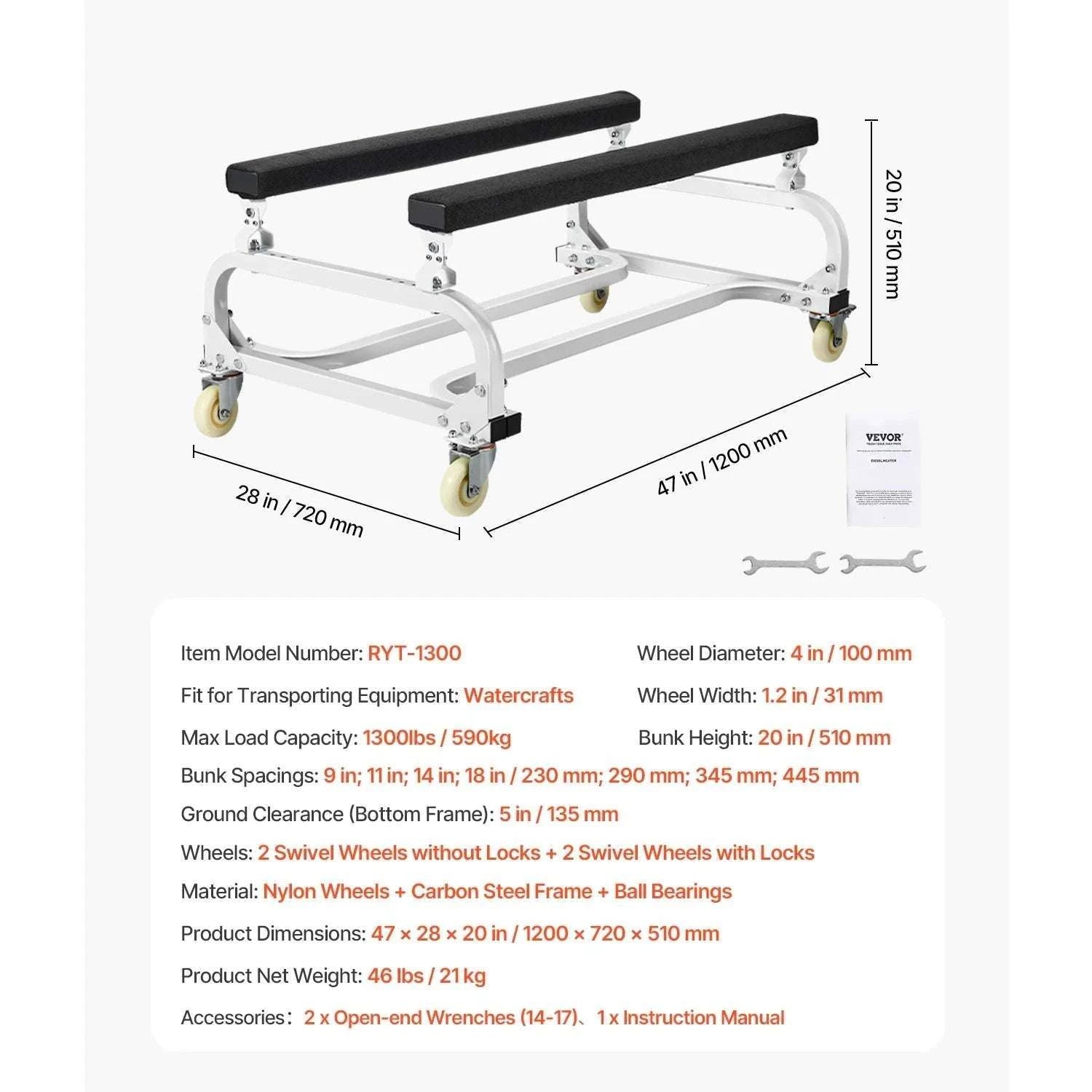 Adjustable Jet Ski Dolly Cart with 1300 lb Capacity & Locking Wheels-1300 Lbs / United States