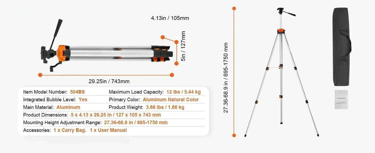 Adjustable Laser Level Tripod 40–133 Inch with Dual Thread Mount-Extension / United States