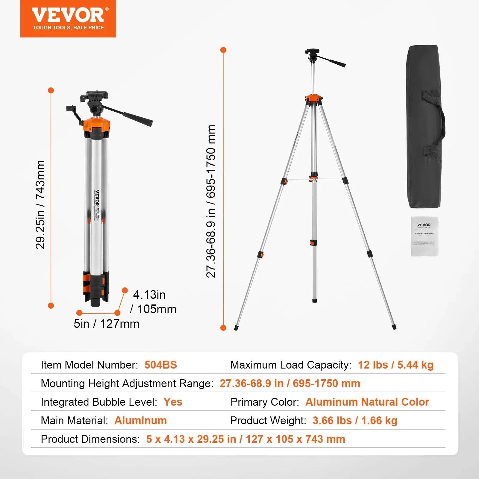 Adjustable Laser Level Tripod 40–133 Inch with Dual Thread Mount-Extension / United States