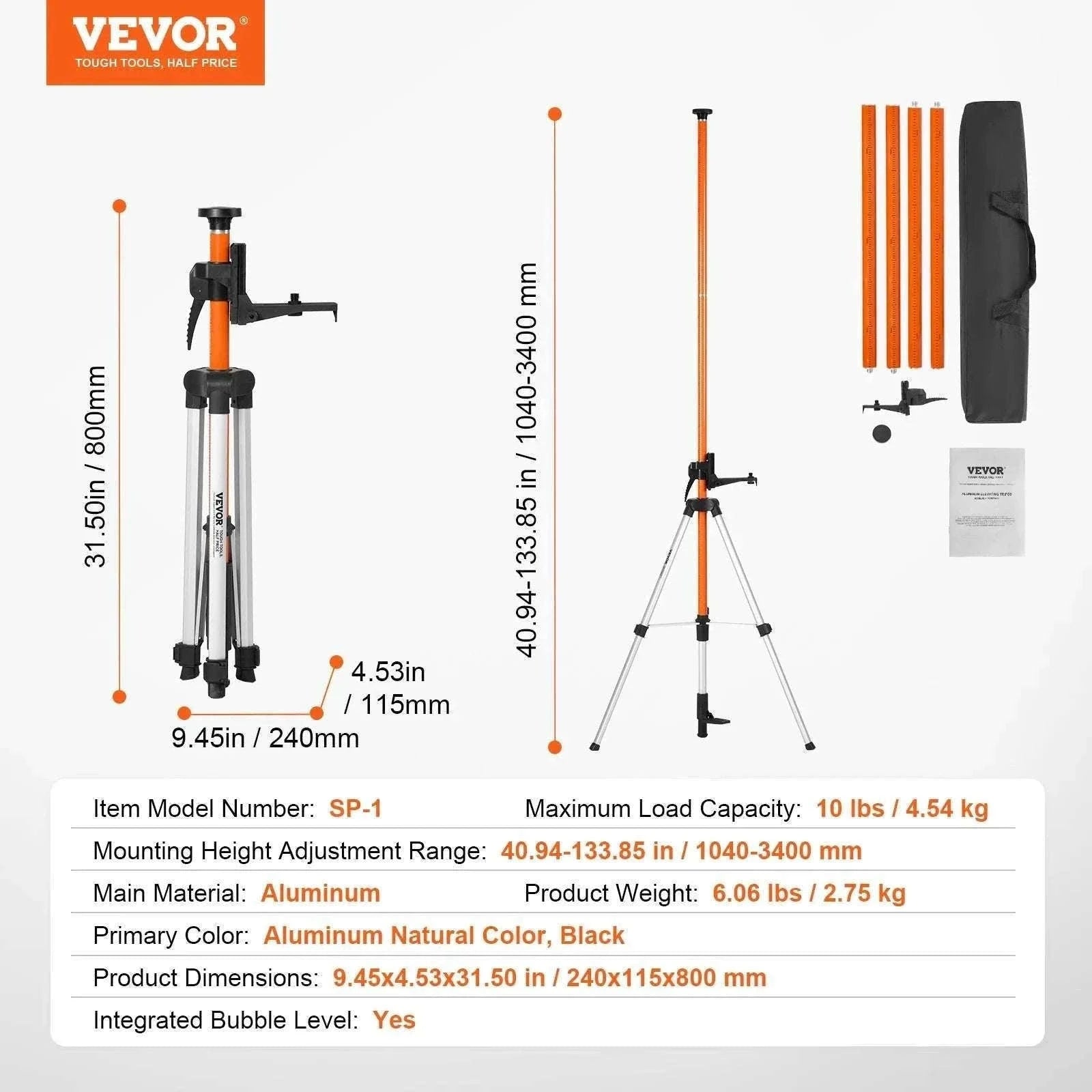 Adjustable Laser Level Tripod 40–133 Inch with Dual Thread Mount-Extension / United States