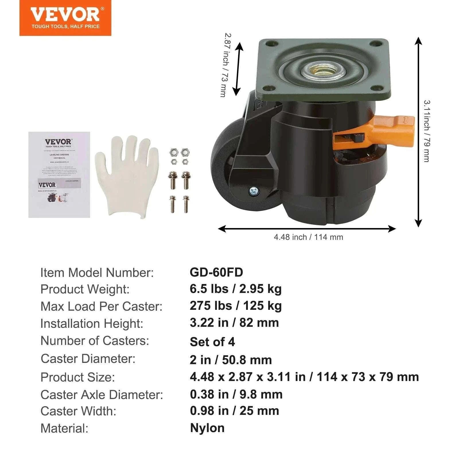 Adjustable Leveling Casters Set of 4 Heavy Duty Swivel Wheels-2in / GERMANY