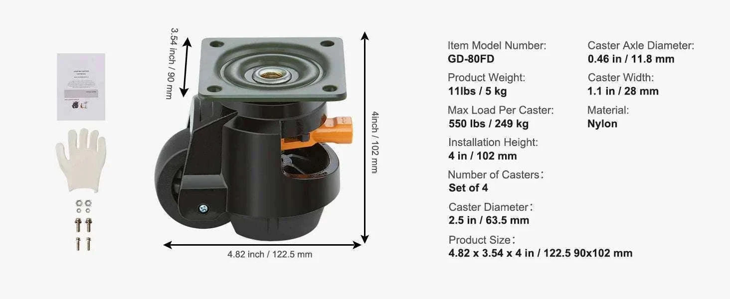 Adjustable Leveling Casters Set of 4 Heavy Duty Swivel Wheels-2in / GERMANY