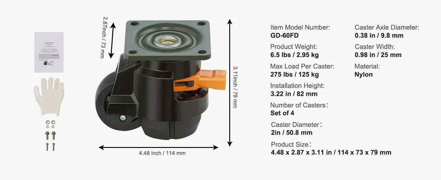 Adjustable Leveling Casters Set of 4 Heavy Duty Swivel Wheels-2in / GERMANY