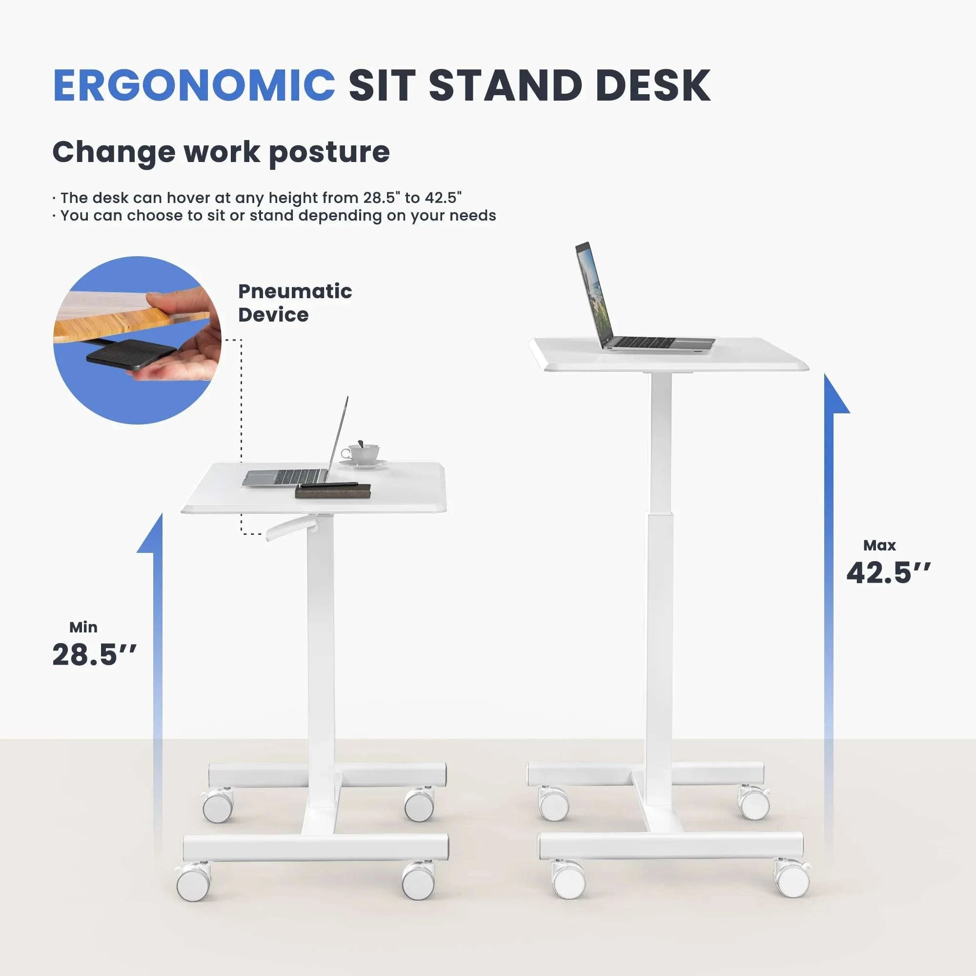 Adjustable Mobile Standing Desk with Wheels for Laptop Work-white / United States