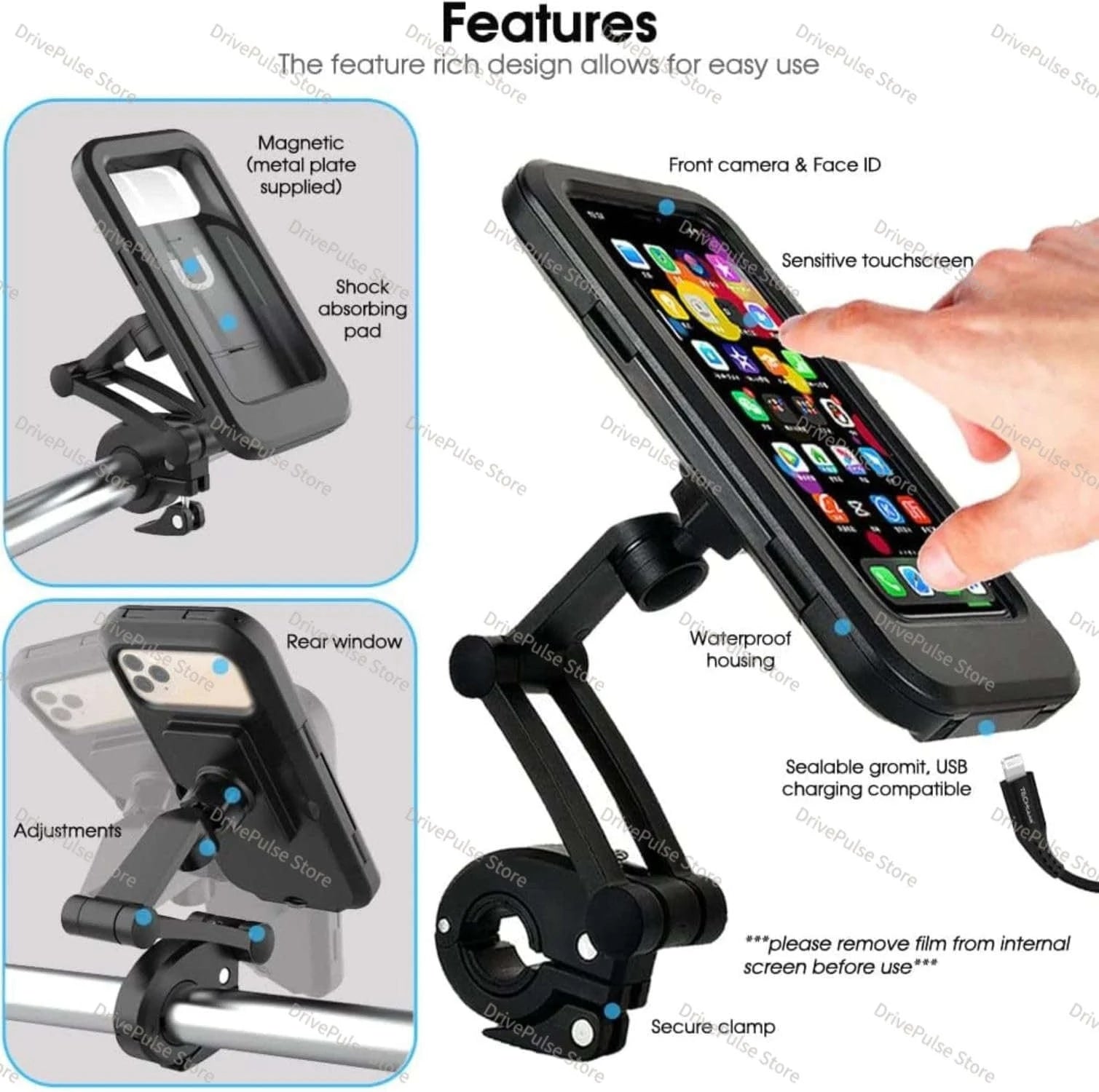 Adjustable Motorcycle Phone Mount with Waterproof Protection-Black