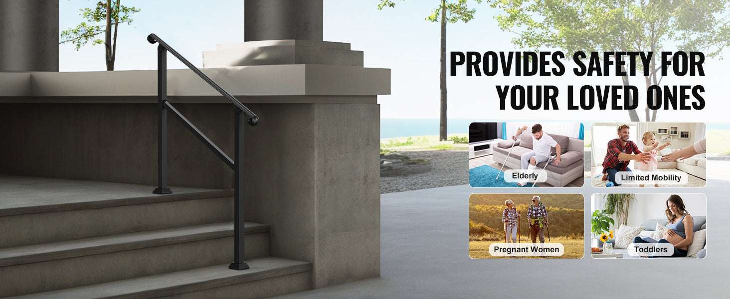 Adjustable Outdoor Stair Handrail for 2–3 Steps with Steel Support-Black / United States