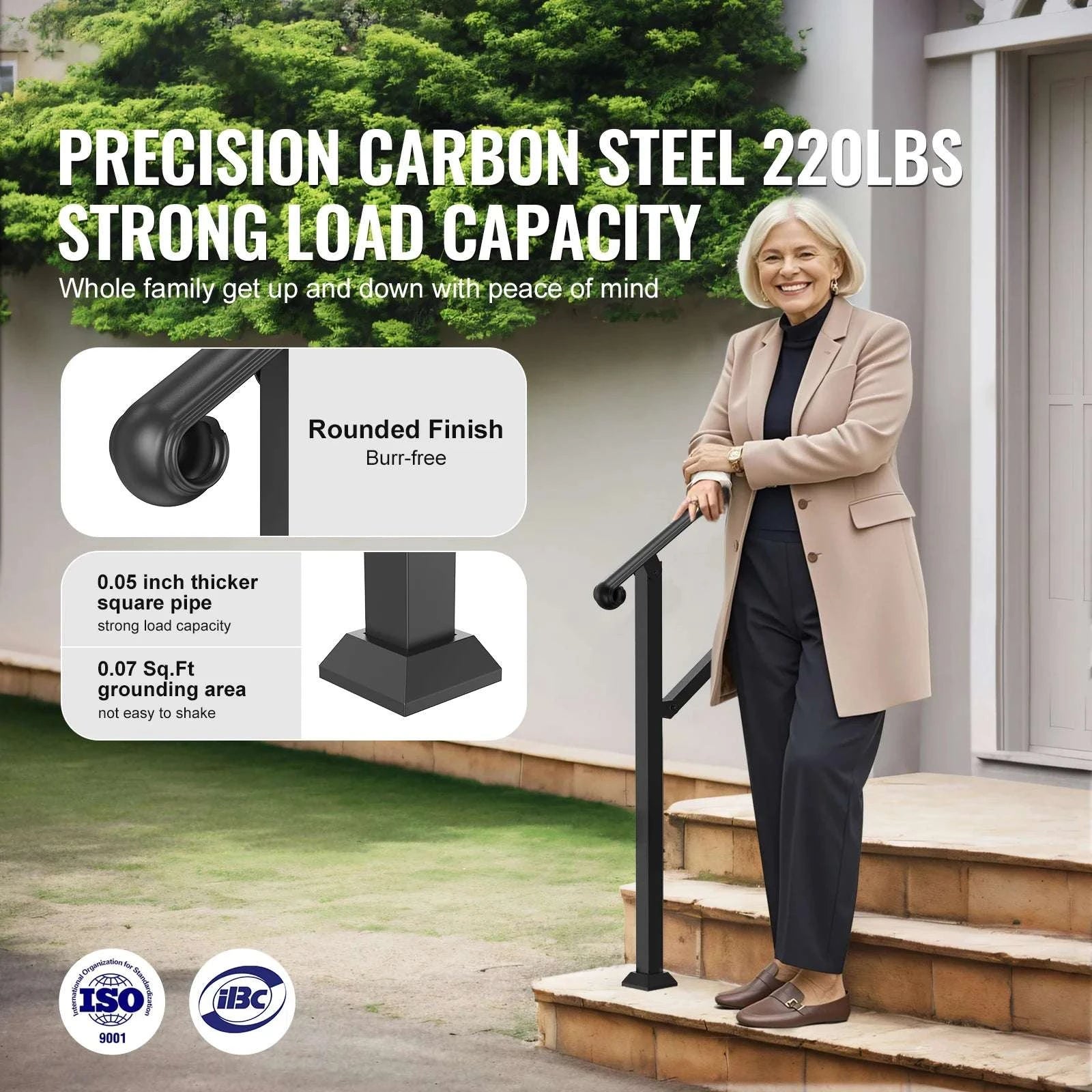 Adjustable Outdoor Stair Handrail for 2–3 Steps with Steel Support-Black / United States
