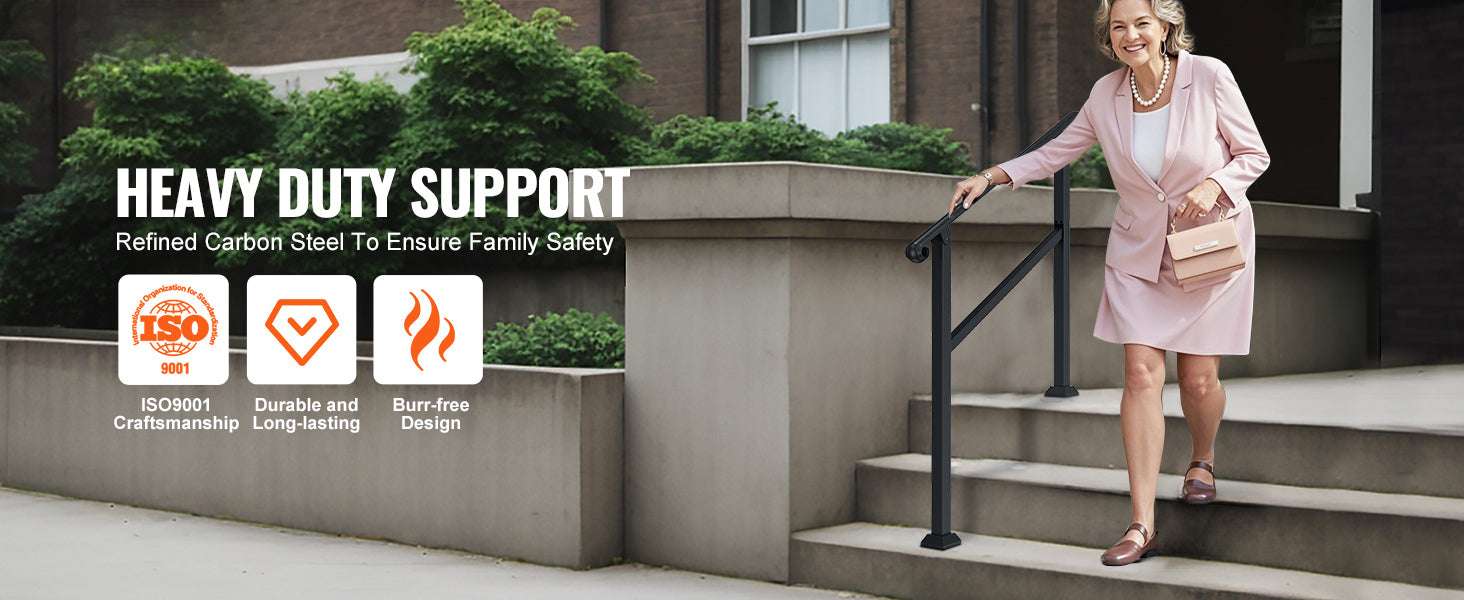 Adjustable Outdoor Stair Handrail for 2–3 Steps with Steel Support-Black / United States