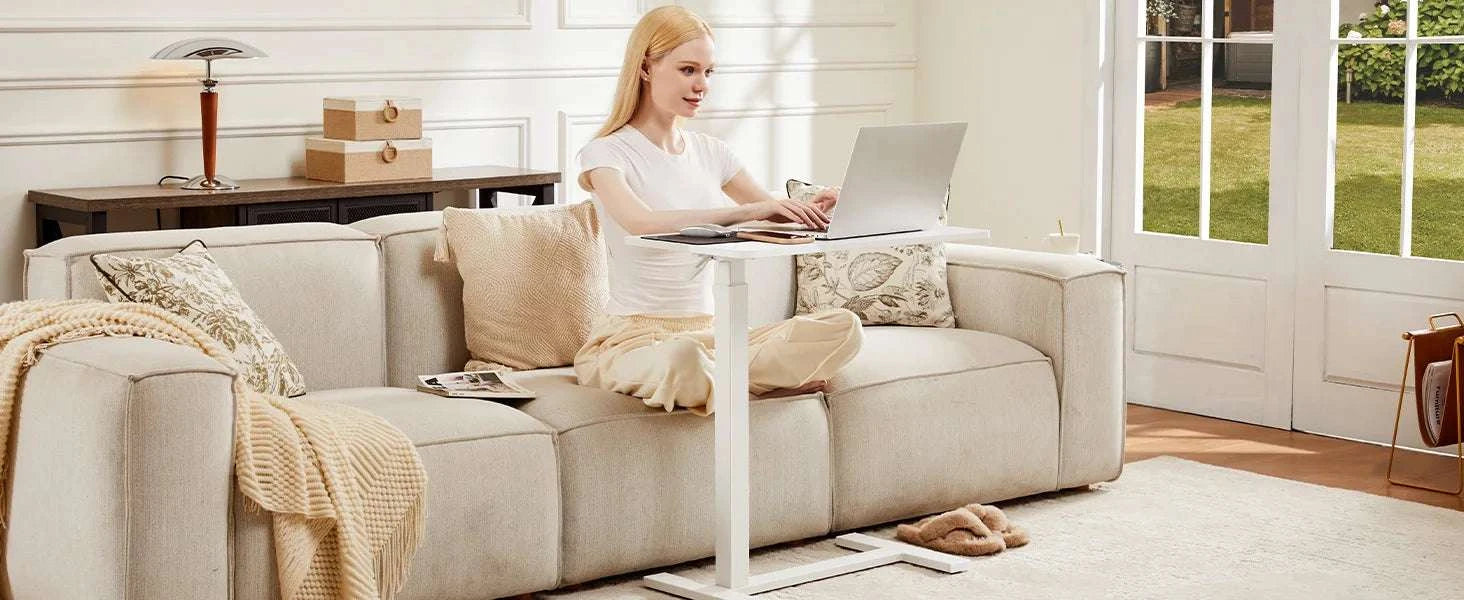 Adjustable Overbed Table with Height Control for Bed & Sofa Use-Ivory / United States