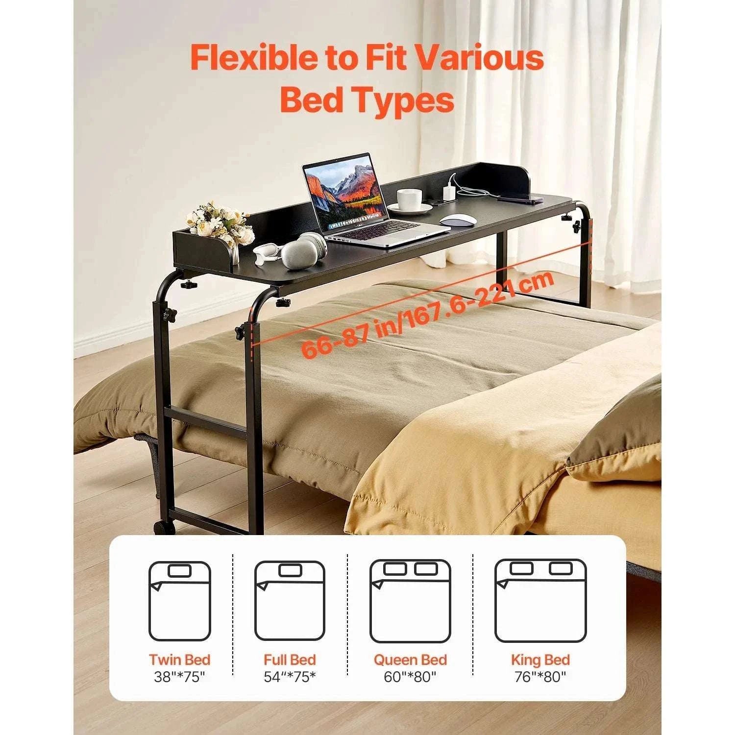 Adjustable Overbed Table with Wheels & Power Outlet for Work-Black / spain