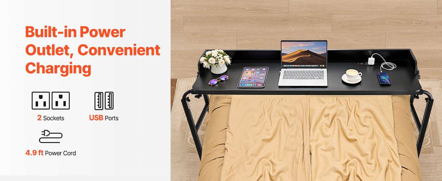 Adjustable Overbed Table with Wheels & Power Outlet for Work-Black / spain