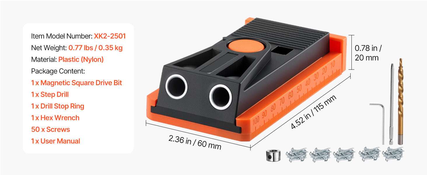 Adjustable Pocket Hole Jig Kit 1/2–1-1/2 in for Woodworking-4.52x2.36x0.78in / United States