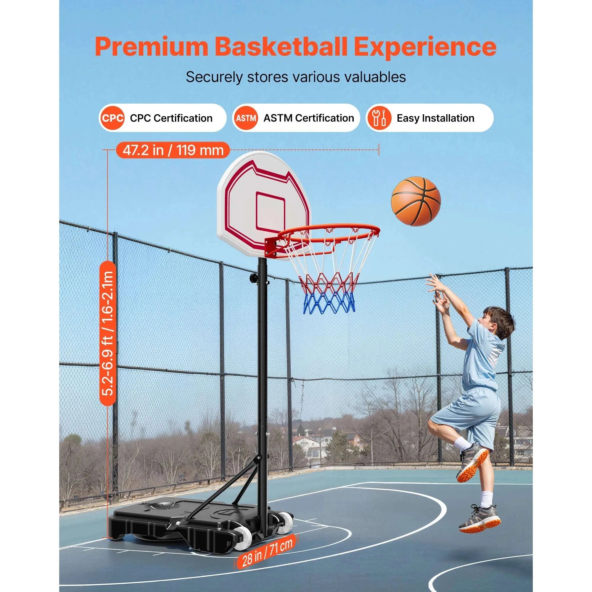 Adjustable Portable Basketball Hoop 5.2–6.9 ft with Wheels-28inch / United States