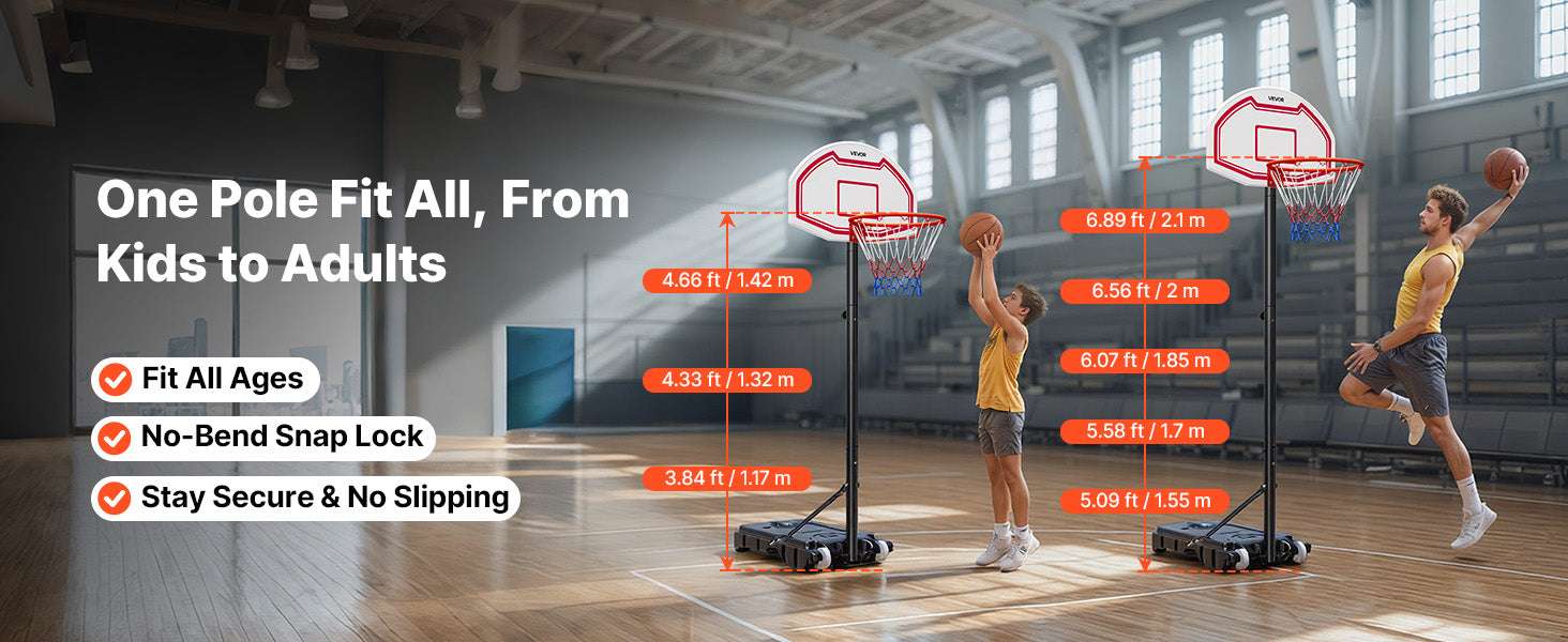 Adjustable Portable Basketball Hoop 5.2–6.9 ft with Wheels-28inch / United States