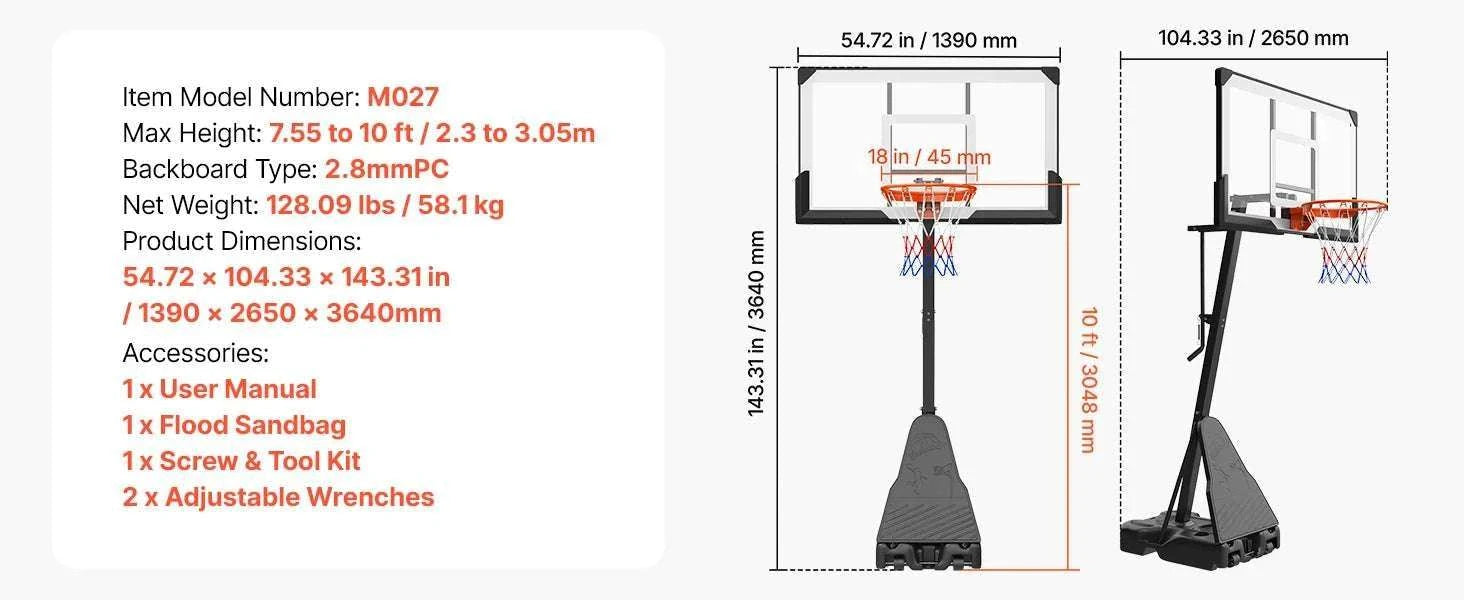Adjustable Portable Basketball Hoop System with 44–54 Inch Backboard-50inch / United States