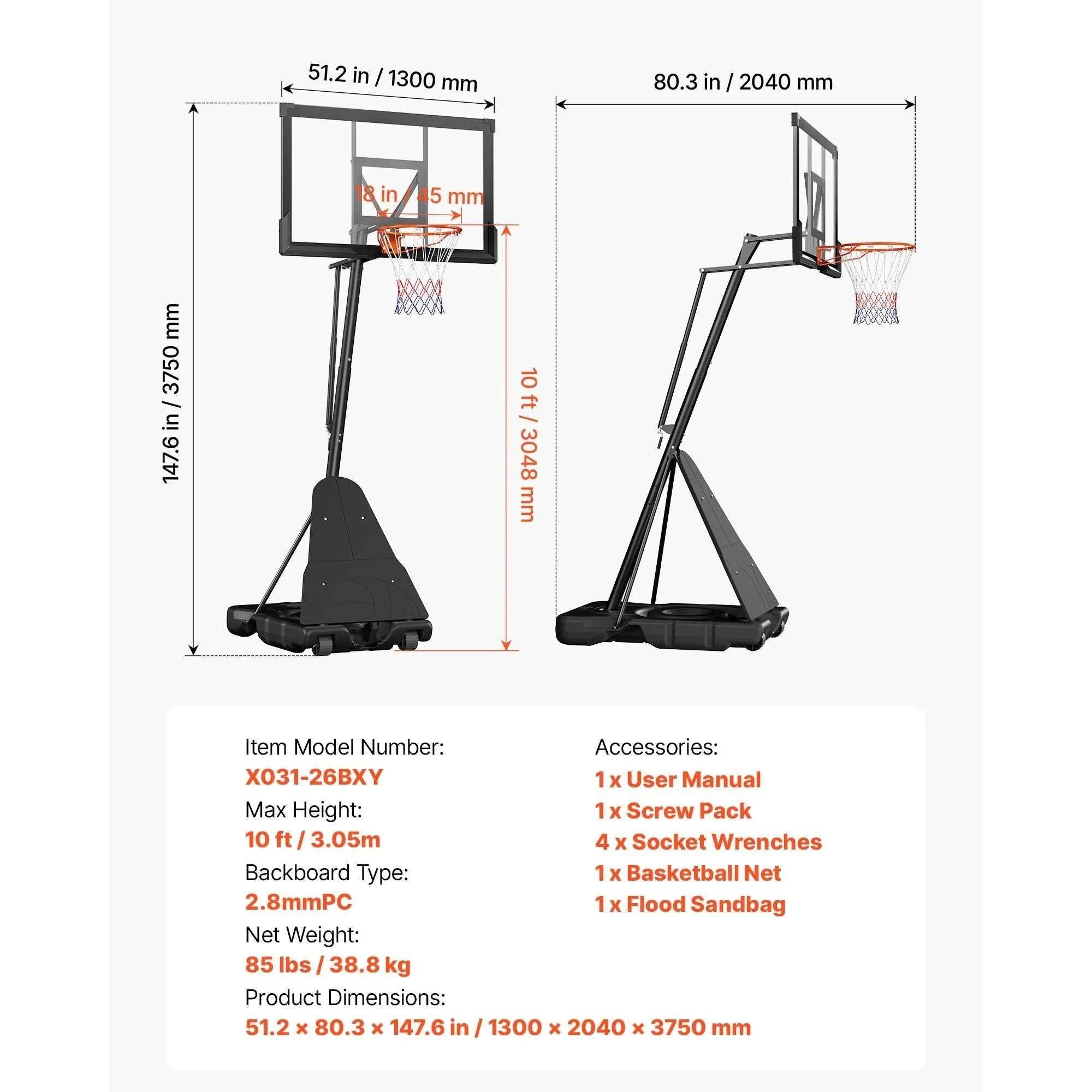 Adjustable Portable Basketball Hoop System with 44–54 Inch Backboard-50inch / United States