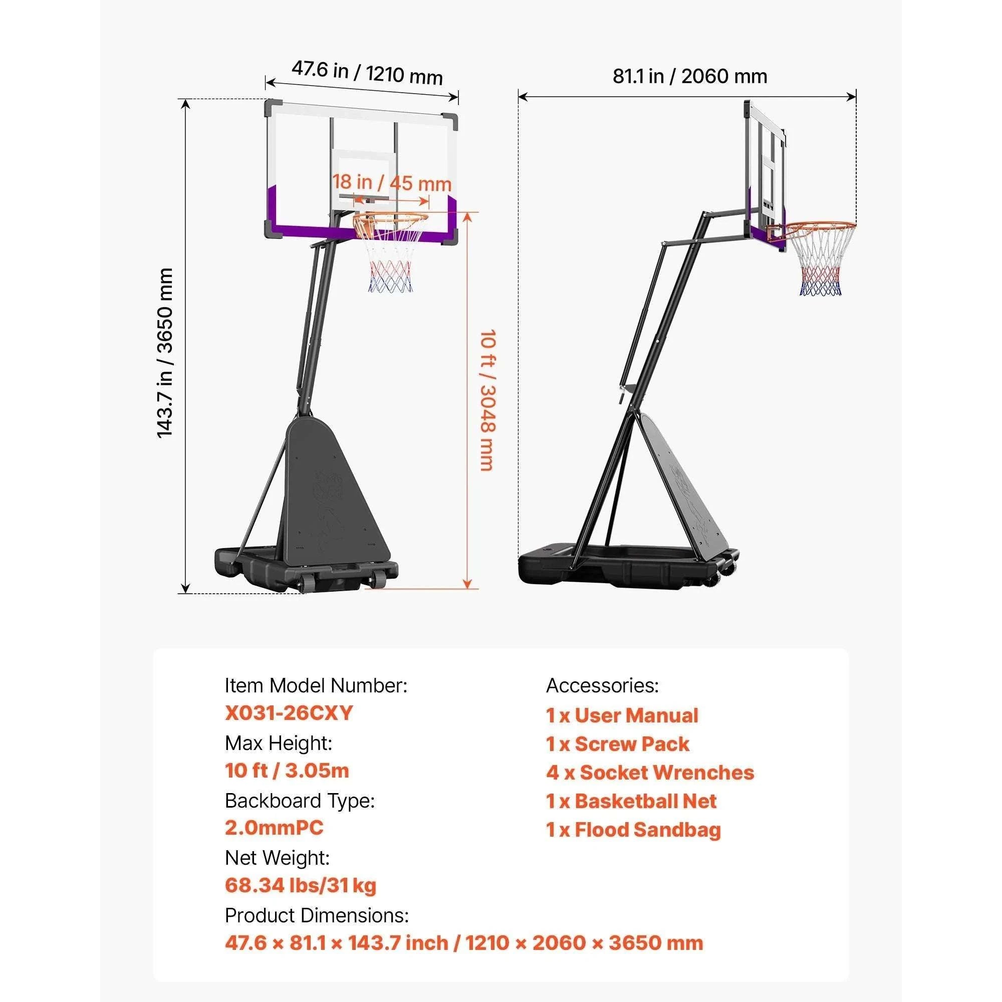 Adjustable Portable Basketball Hoop System with 44–54 Inch Backboard-50inch / United States