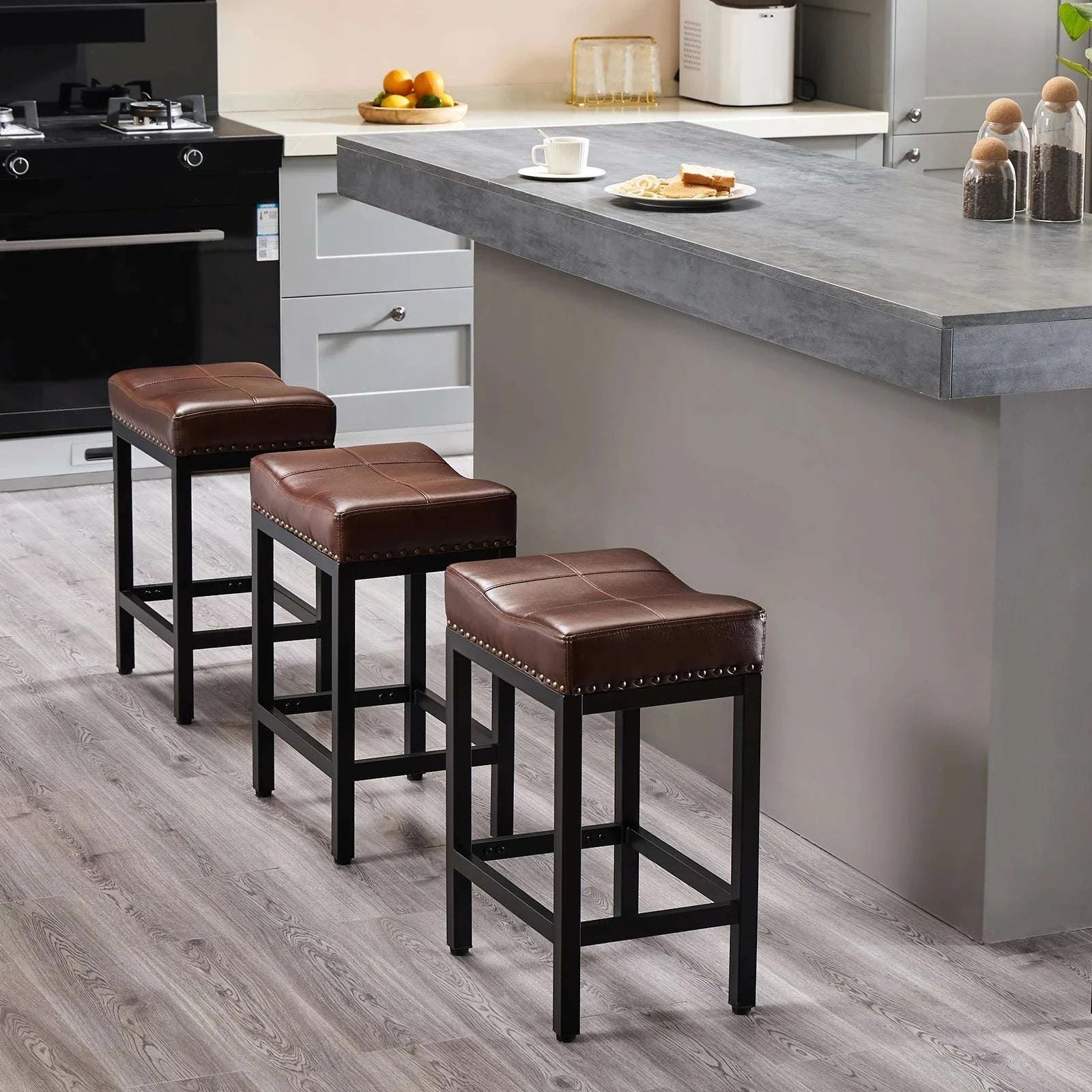 Adjustable PU Leather Saddle Bar Stools with Metal Base-Grey 2 / United States