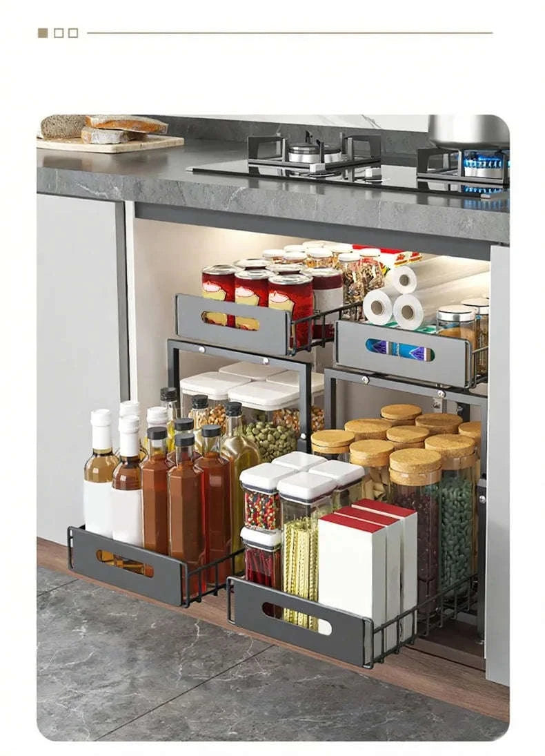 Adjustable Pull-Out Under Sink Organizer Double Layer Steel Rack-2pcs / france